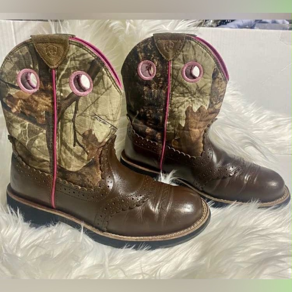 Ariat Brown and Green Western Boots with Camouflage Design